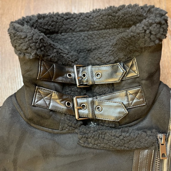 BLACK FAUX FUR SUEDE MOTO JACKET BIKER COAT - Picture 8 of 15